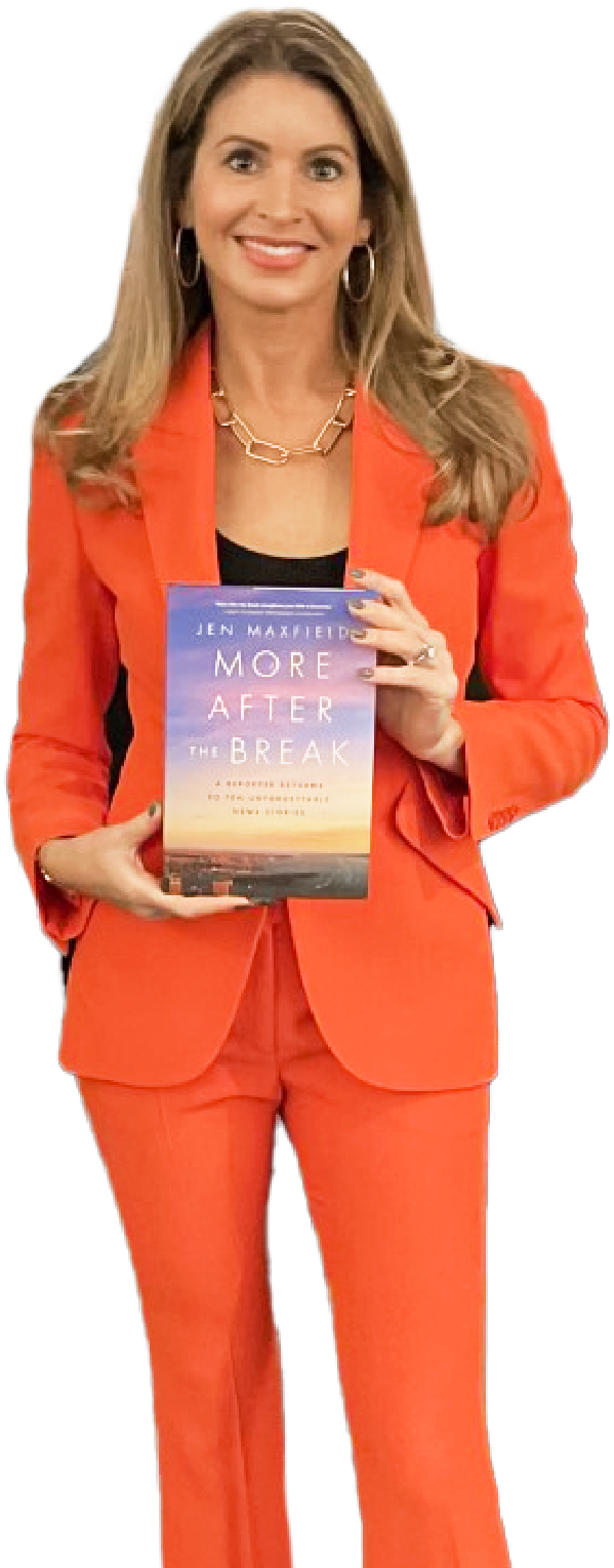 Jen Maxfield holding a copy of More Afte the Break.